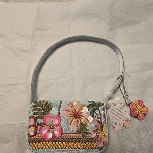 T.J.Maxx Light Blue Floral Beaded Shoulder Bag with Pink Accents